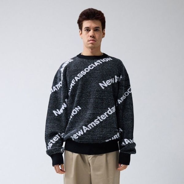 New Amsterdam Surf Association Name Knit AOP Sweater Zwart
