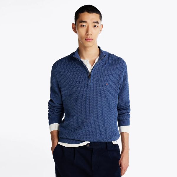 Tommy Hilfiger Herringbone Structure Zip Mock Sweater Blauw