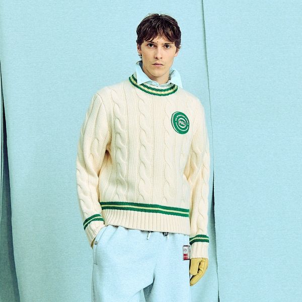 PAL Sporting Goods Bye Cable Knit Wool Cricket Sweater Off White/Groen