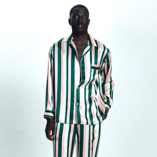 Hopeium Striped Silk Overhemd Off White/Groen/Roze