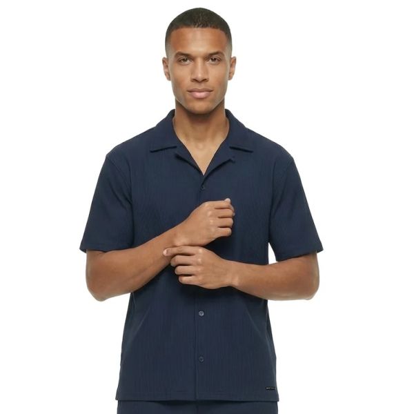 Malelions Ribbed Camp Collar Overhemd Navy