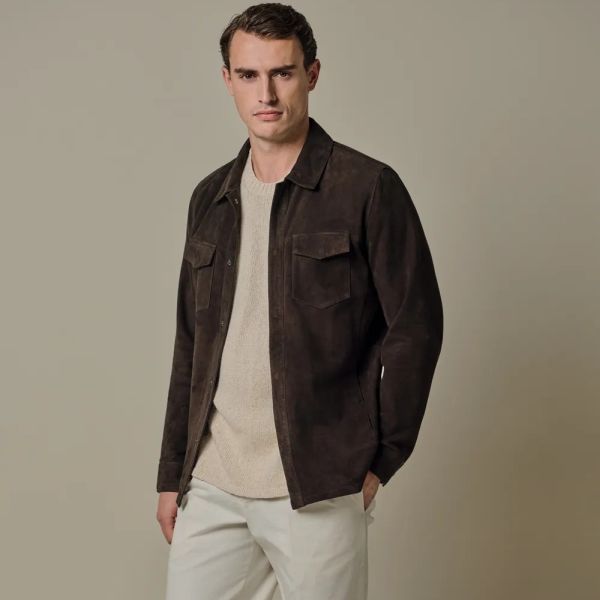 Profuomo Normal Fit Suede Overshirt Donker Bruin
