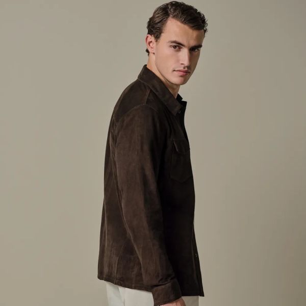 Profuomo Normal Fit Suede Overshirt Donker Bruin