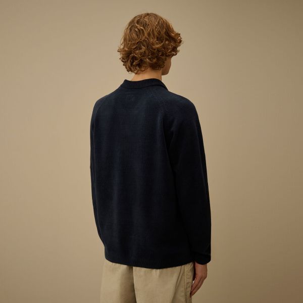 CP Company Chenille Lens Knit Polo Sweater Navy