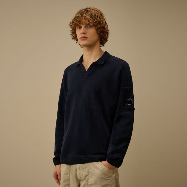 CP Company Chenille Lens Knit Polo Sweater Navy