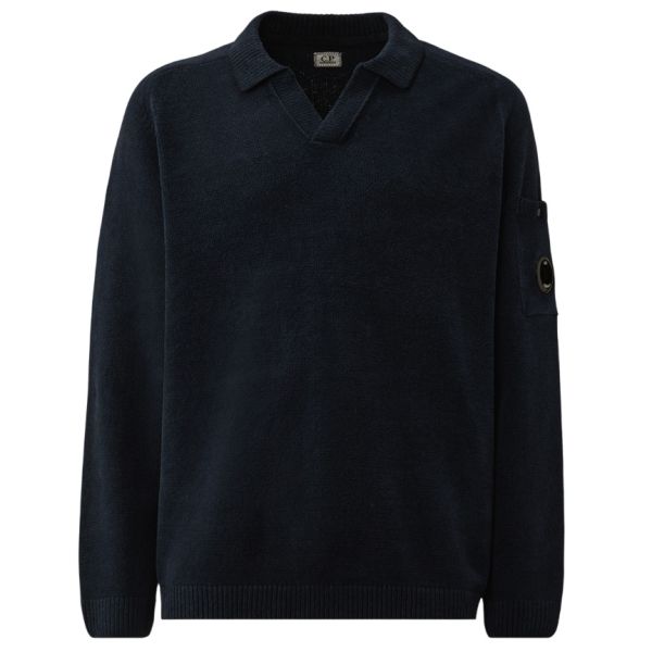 CP Company Chenille Lens Knit Polo Sweater Navy