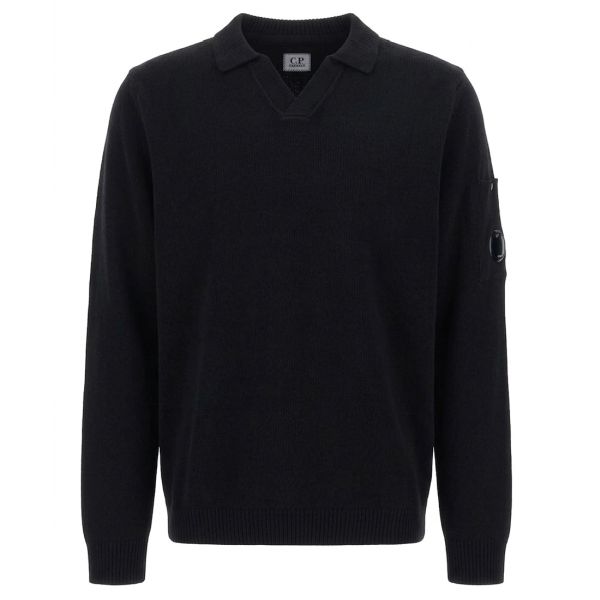 CP Company Chenille Lens Knit Polo Sweater Zwart