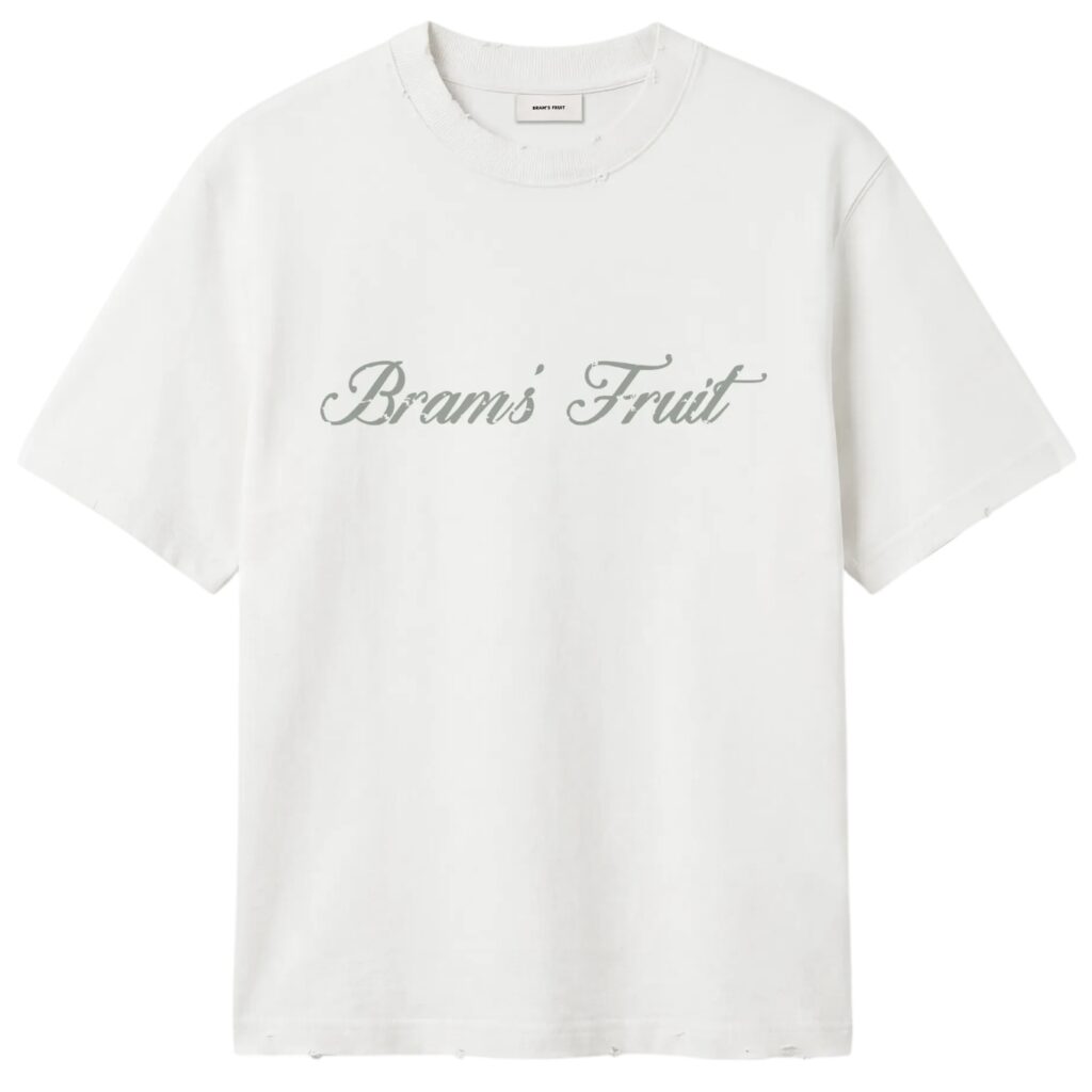 Bram’s Fruit Distressed Script Logo T-shirt Off White