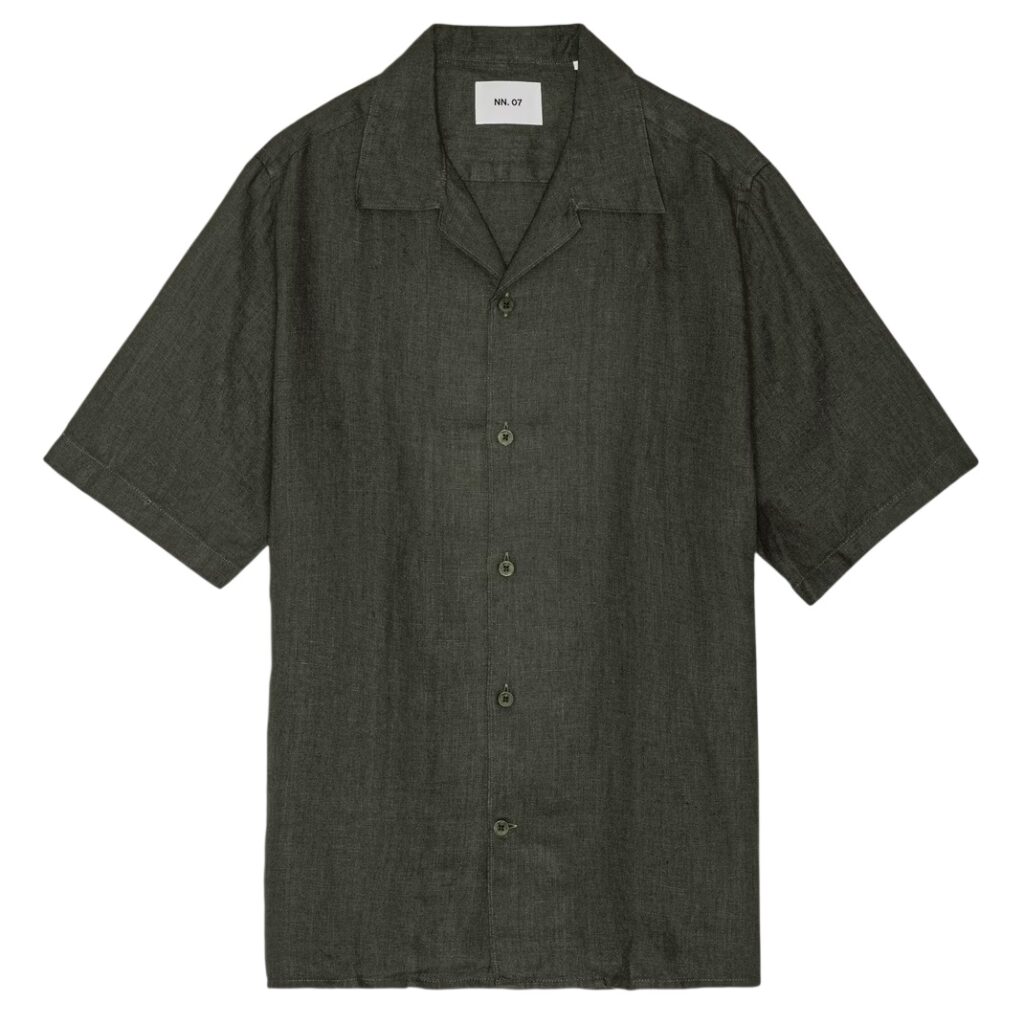 NN.07 Julio Open Collar Linen Overhemd Donker Groen