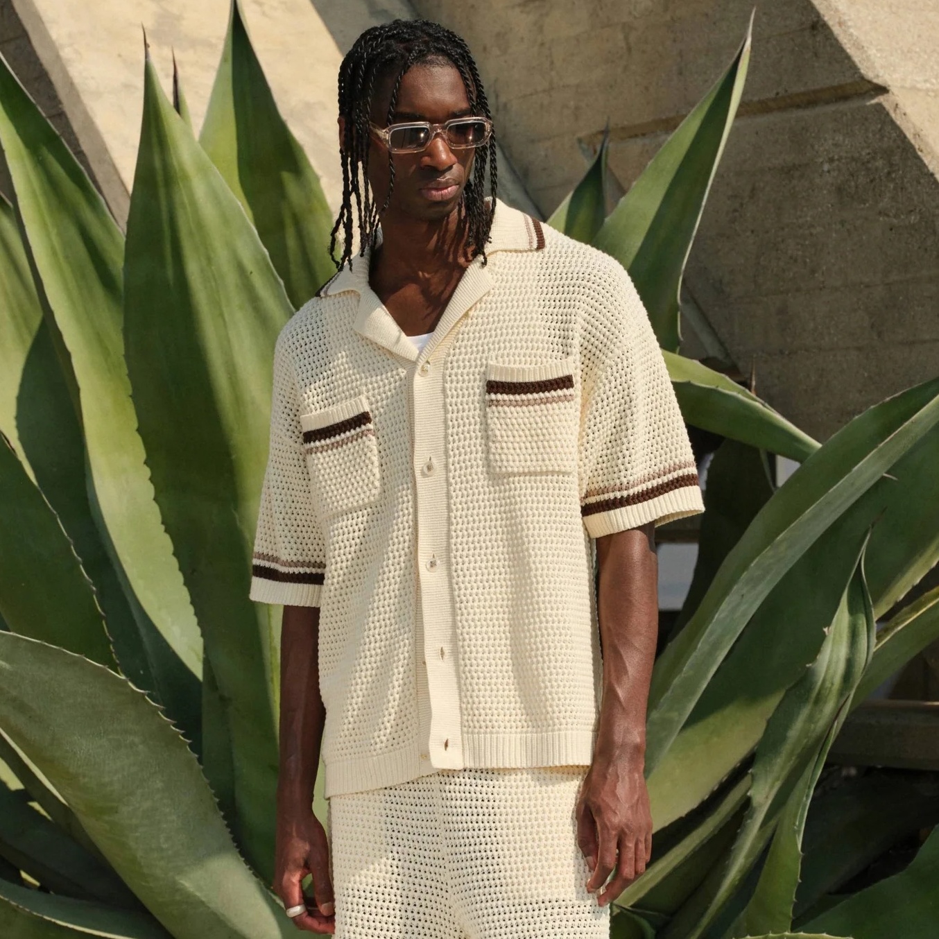 The Couture Club Crochet Knitted Stripe Overhemd Off White